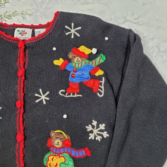 Vintage Nut Cracker Cardigan Ice Skating Bears Embellished Black size Medium - Picture 5 of 9